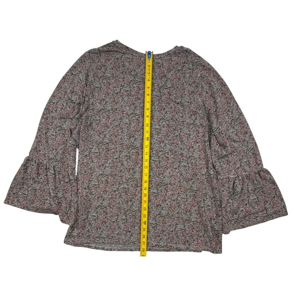 Lucky Brand Abstract Floral Knit Bell Sleeve Top Plus 2X Heather Gray Pink - Picture 8 of 9